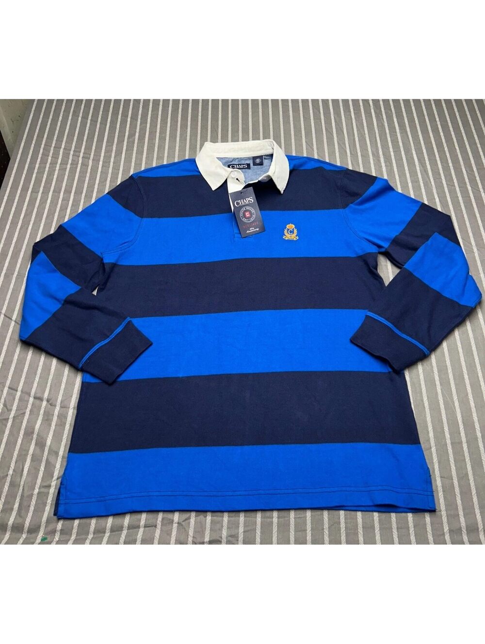 Vintage Chaps Stripe L/S Rugby Polo Blue Navy Large